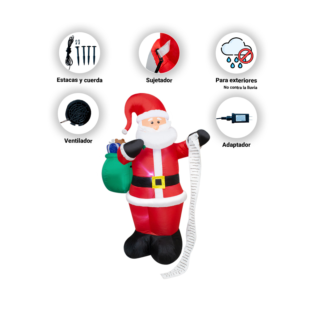 Inflable Navideño Santa Claus Con Lista Y Regalos Luz Led 1.80 Mts Papá Noel