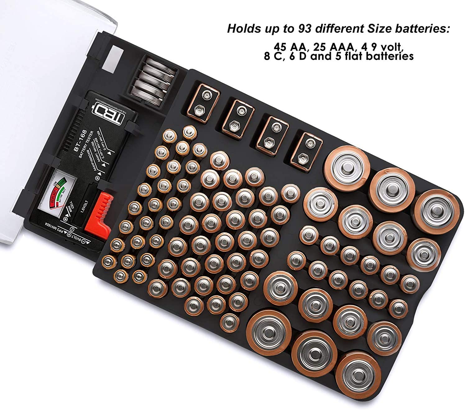 Estuche Organizador de Baterías con Probador de Energía, Capacidad de Hasta 93 Baterías, No Incluye Baterías