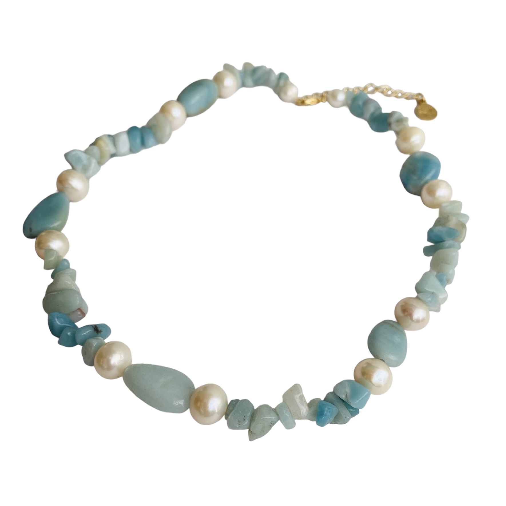 Conjunto aretes y Collar Piedra Amazonita- Baño de oro- Dorado- Piedras naturales y perla