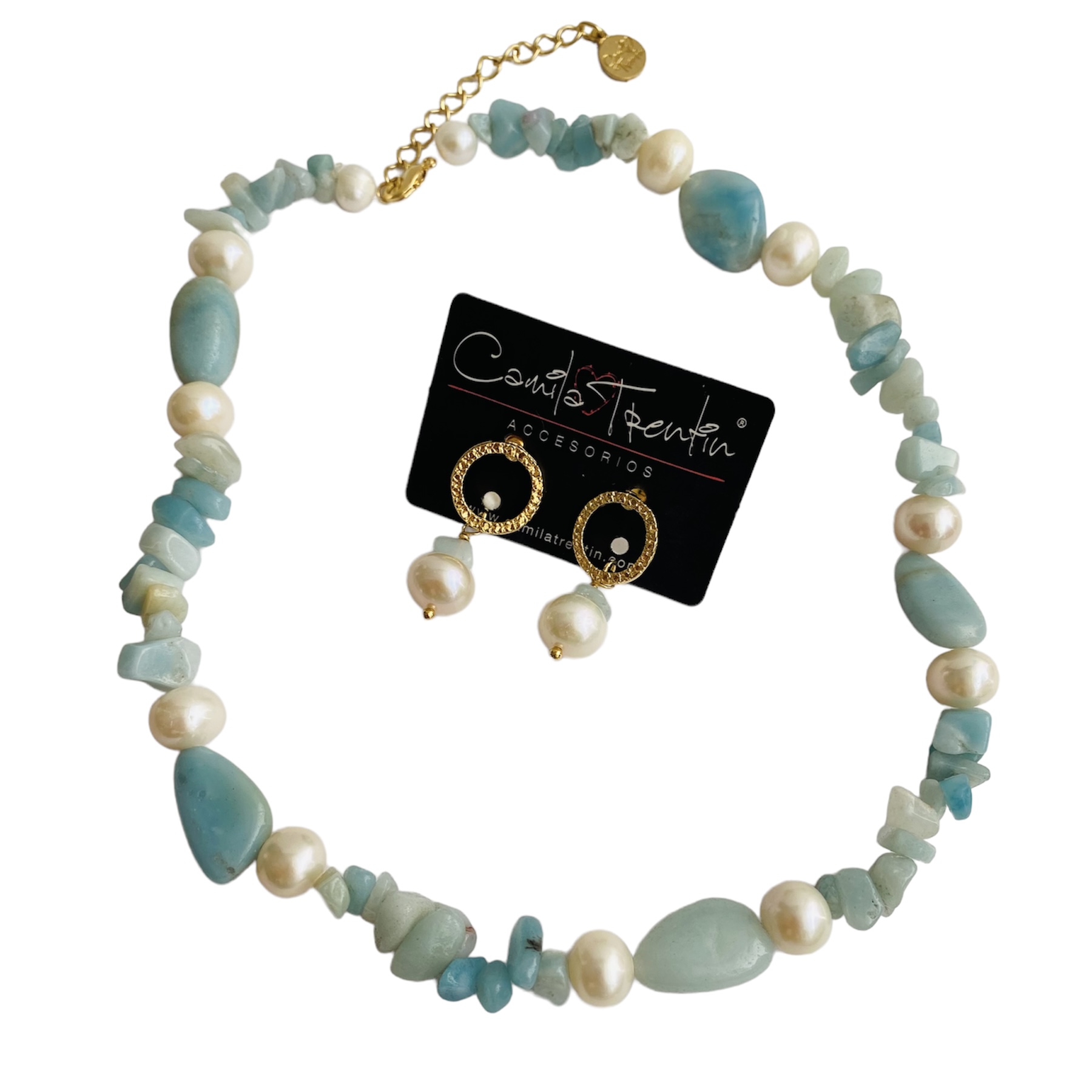 Conjunto aretes y Collar Piedra Amazonita- Baño de oro- Dorado- Piedras naturales y perla