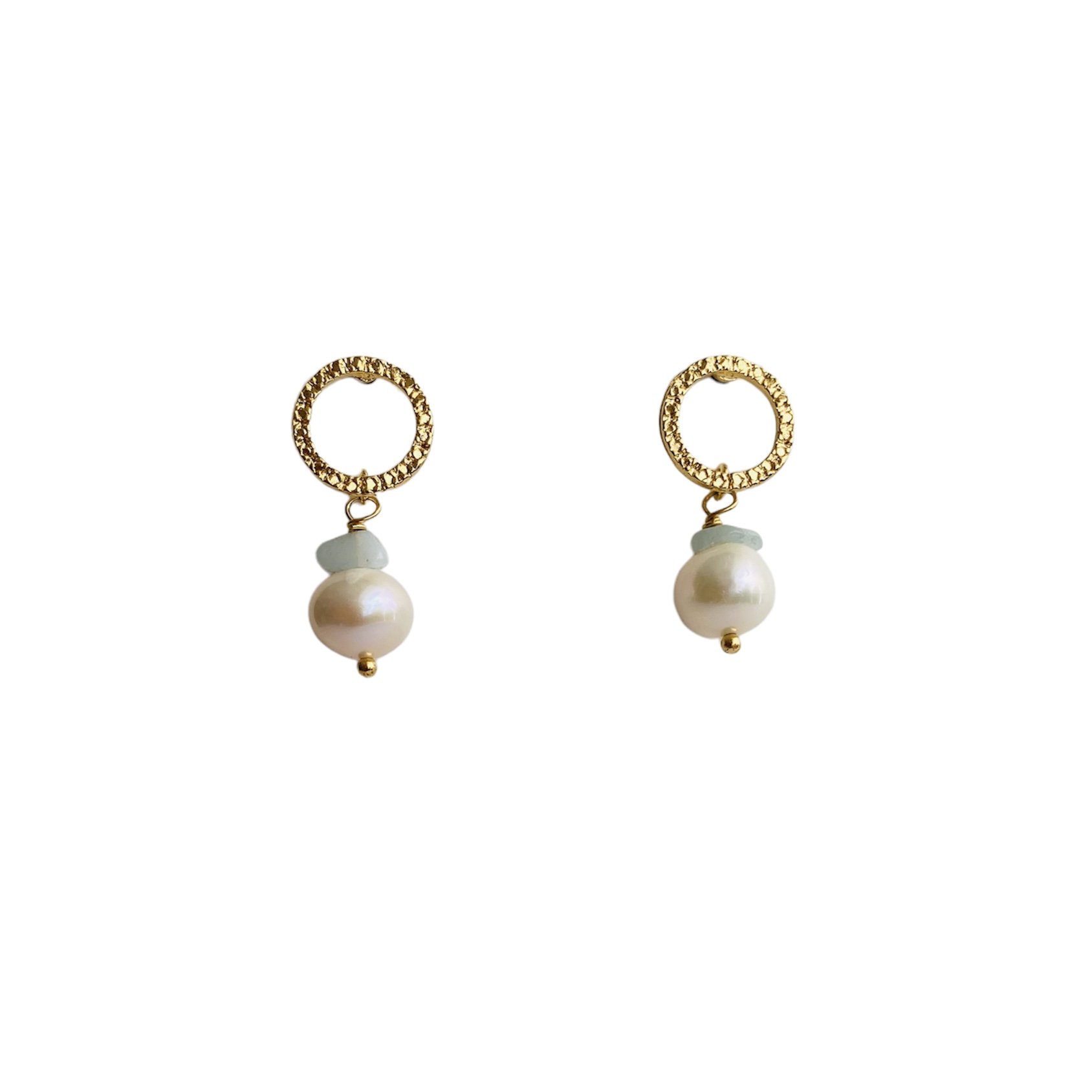 Conjunto aretes y Collar Piedra Amazonita- Baño de oro- Dorado- Piedras naturales y perla