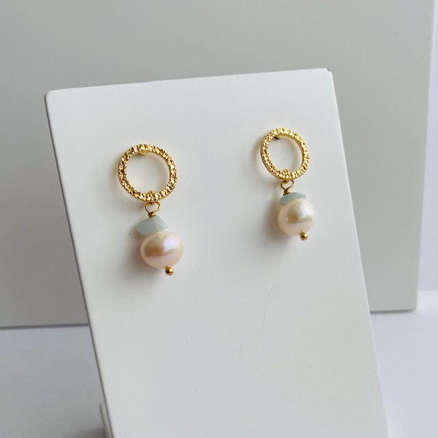 Conjunto aretes y Collar Piedra Amazonita- Baño de oro- Dorado- Piedras naturales y perla