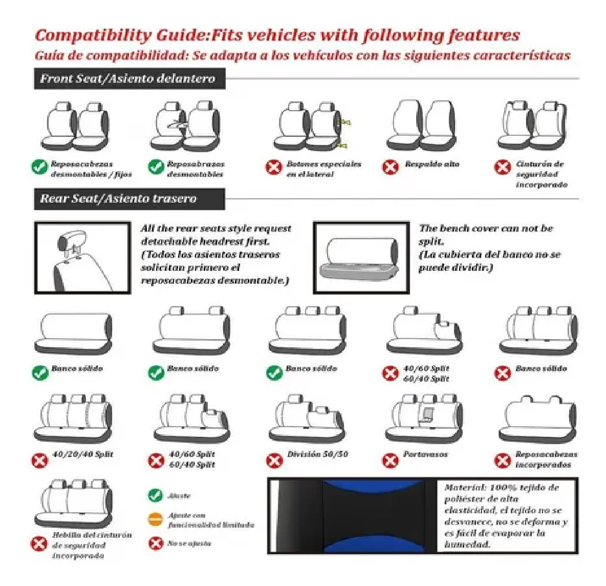 Set Funda De Asiento De Coche De Tejido De Poliéster Universal Azul