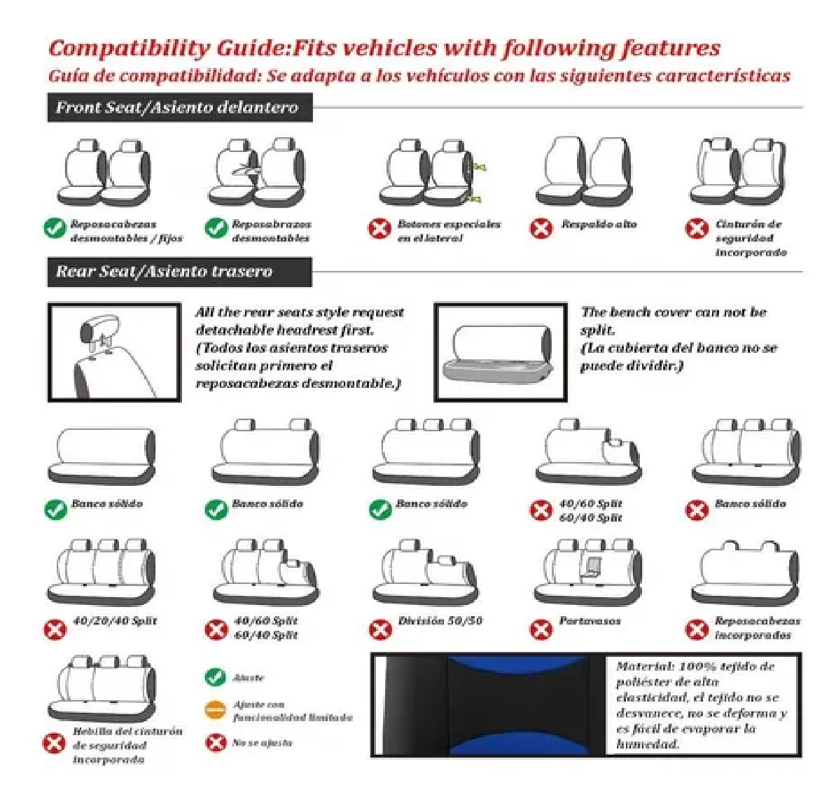 Set Funda De Asiento De Coche De Tejido De Poliéster Universal Rojo