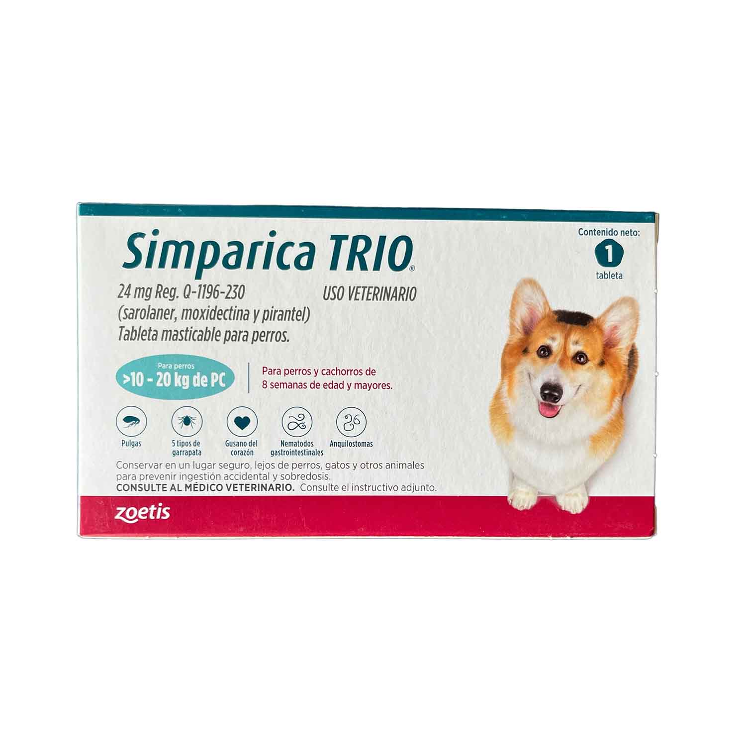 SIMPARICA TRIO 10 - 20 KG 1 TABLETA, PARA PERROS 