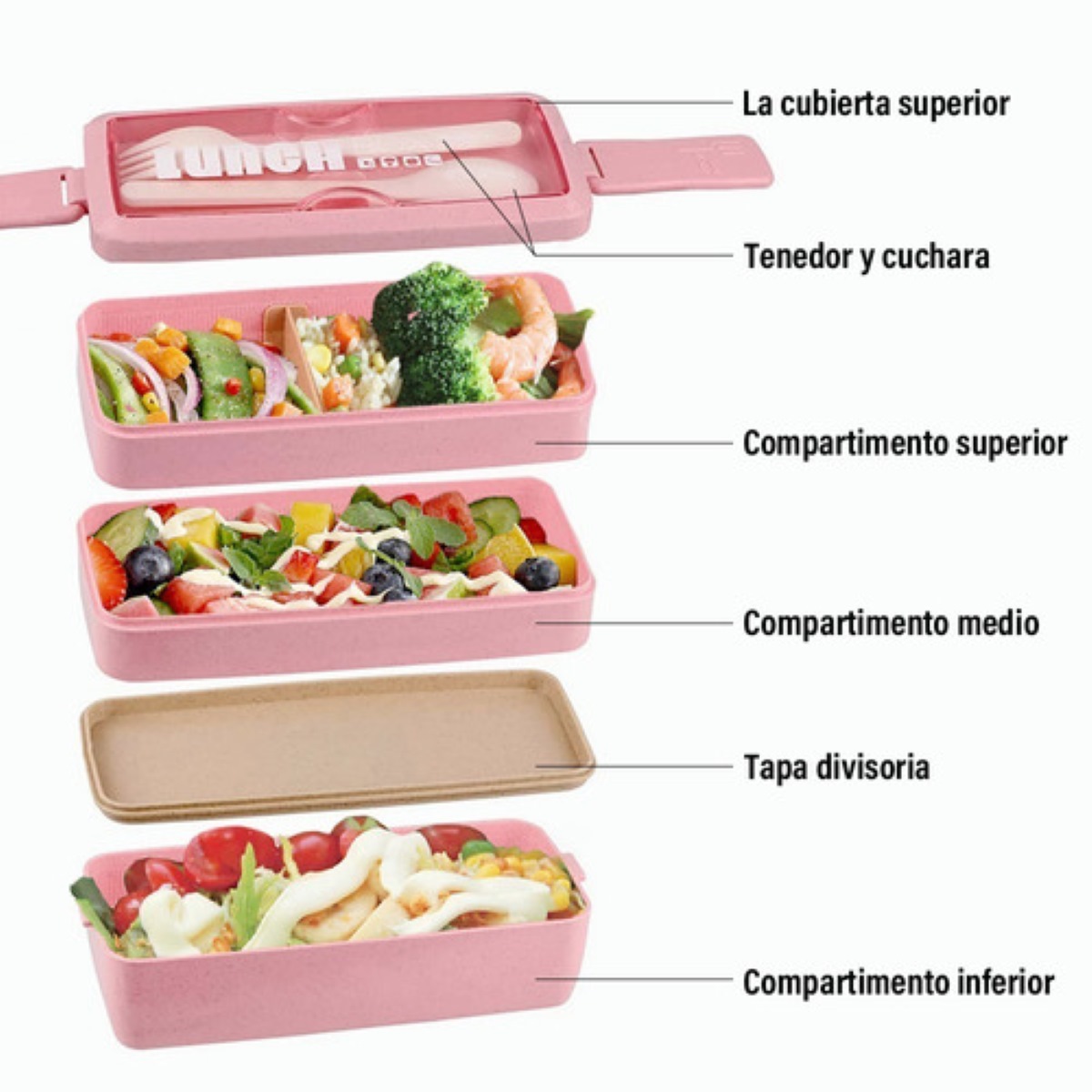 Lonchera 3 Niveles Topper 1000ml  con Cubiertos Rosa