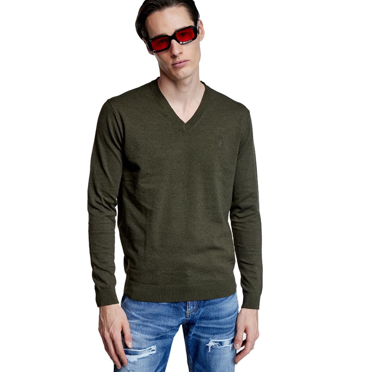 Suéter Casual Cuello V HPC Polo color Verde Olivo para Hombre 1041450