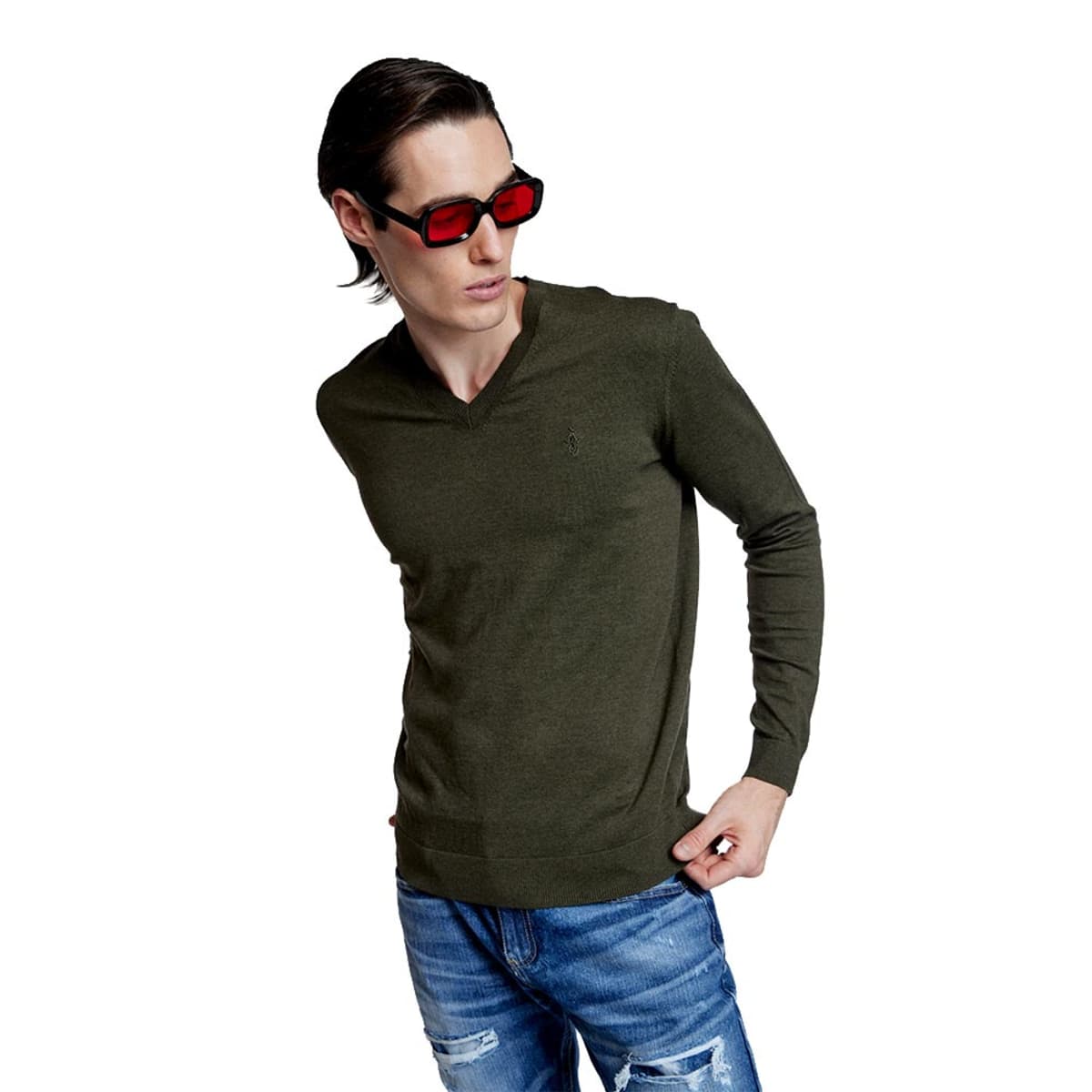 Suéter Casual Cuello V HPC Polo color Verde Olivo para Hombre 1041450