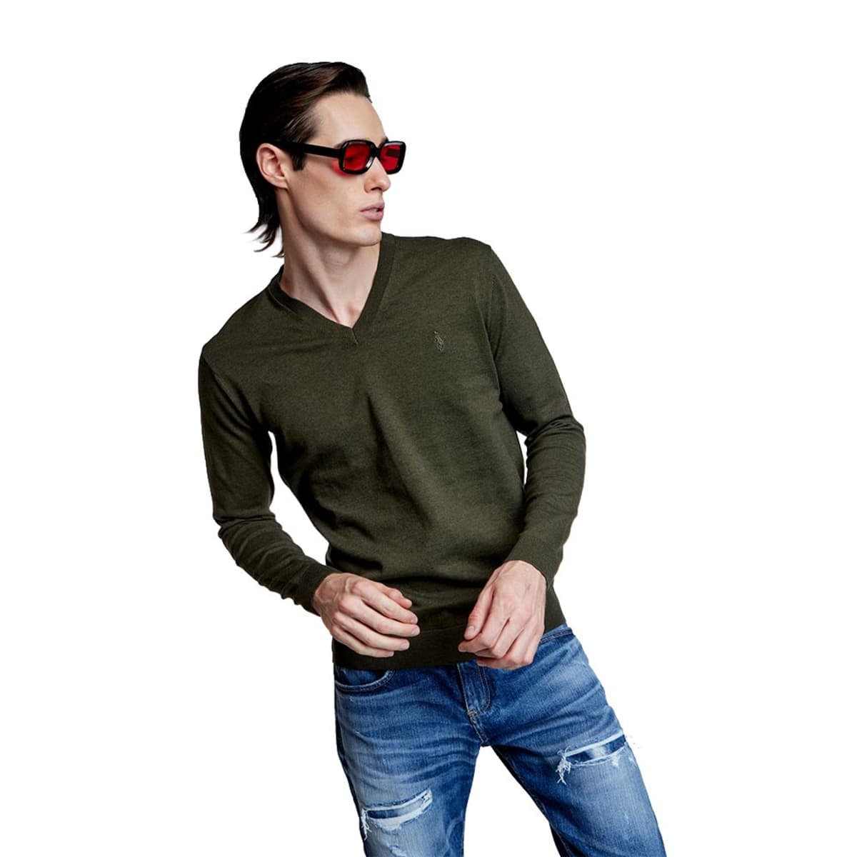 Suéter Casual Cuello V HPC Polo color Verde Olivo para Hombre 1041450