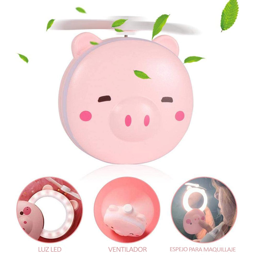 Espejo Maquillaje con Luz LED y Ventilador Cerdito