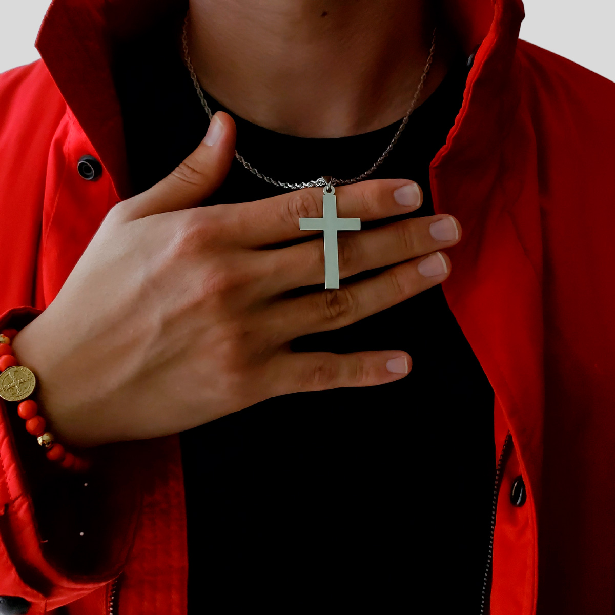 Cadena Collar Cruz Plata .925 Hombre Con Baño De Rodio