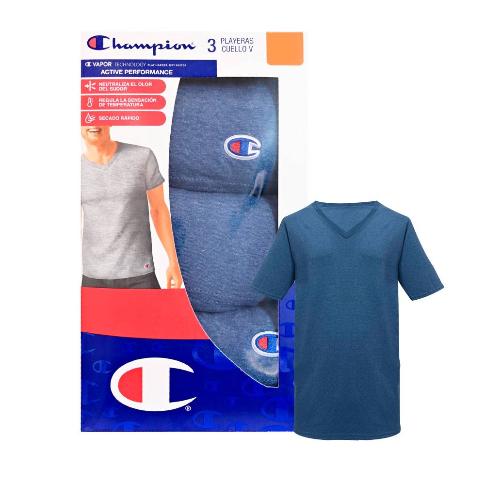 Playera Cuello V Champion Azul Para Deportes Casual, Talla M 3 Piezas