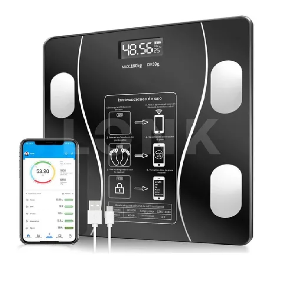 Báscula Electrónica De Baño Bluetooth Inteligente App Lonk Negro