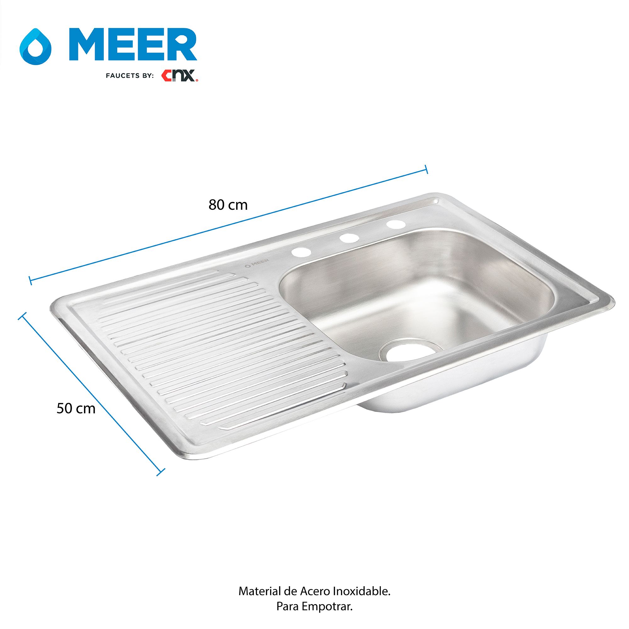 MEER Faucets by CNX | Fregadero para Cocina con Escurridero de Acero Inoxidable Satinado. Tarja para Empotrar, 80 x 50 x 15 cm.