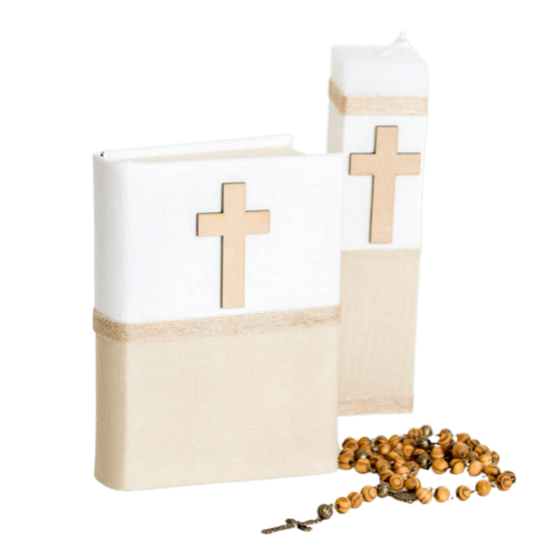 Casa Gala, Kit Set Primera Comunión para niño o niña, con estuche MDF, Vela cuadrada, Rosario, Biblia, cirio, Color combinado beige jaspe