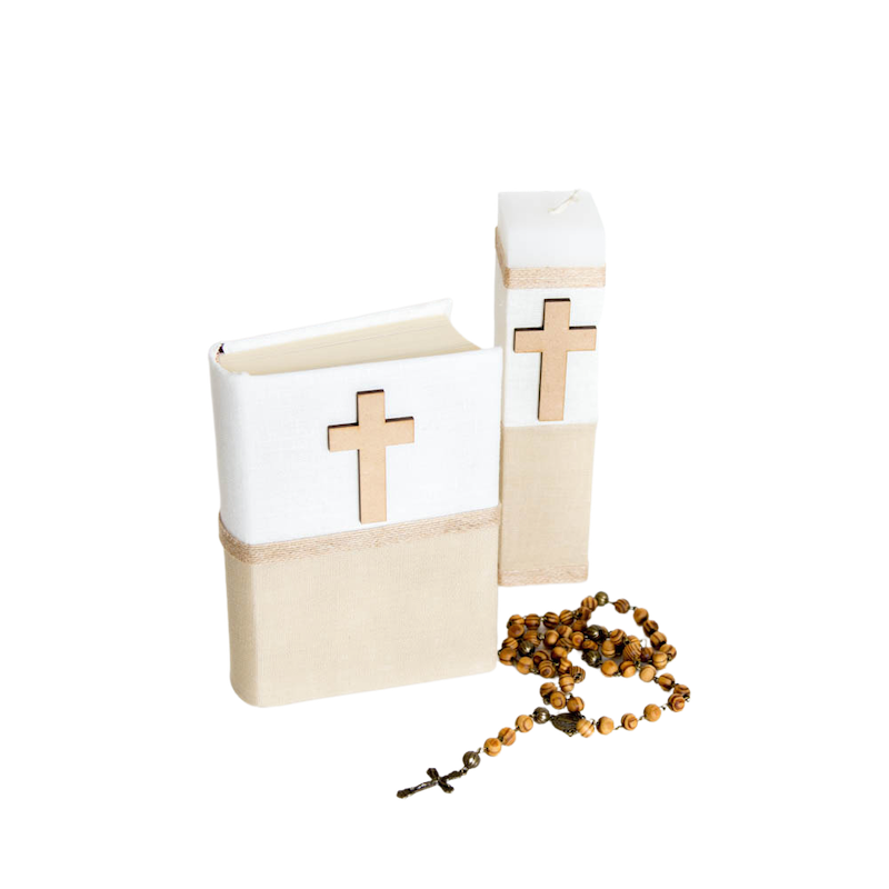 Casa Gala, Kit Set Primera Comunión para niño o niña, con estuche MDF, Vela cuadrada, Rosario, Biblia, cirio, Color combinado beige jaspe