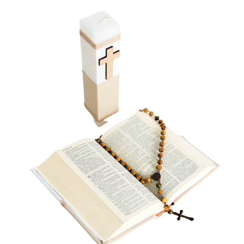 Casa Gala, Kit Set Primera Comunión para niño o niña, con estuche MDF, Vela cuadrada, Rosario, Biblia, cirio, Color combinado beige jaspe