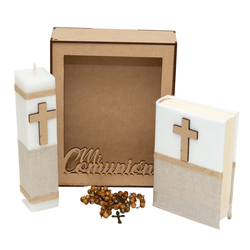 Casa Gala, Kit Set Primera Comunión para niño o niña, con estuche MDF, Vela cuadrada, Rosario, Biblia, cirio, Color combinado beige jaspe