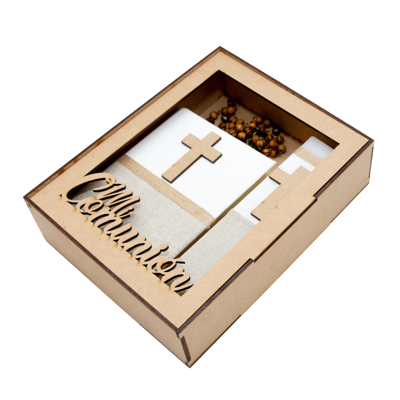 Casa Gala, Kit Set Primera Comunión para niño o niña, con estuche MDF, Vela cuadrada, Rosario, Biblia, cirio, Color combinado beige jaspe