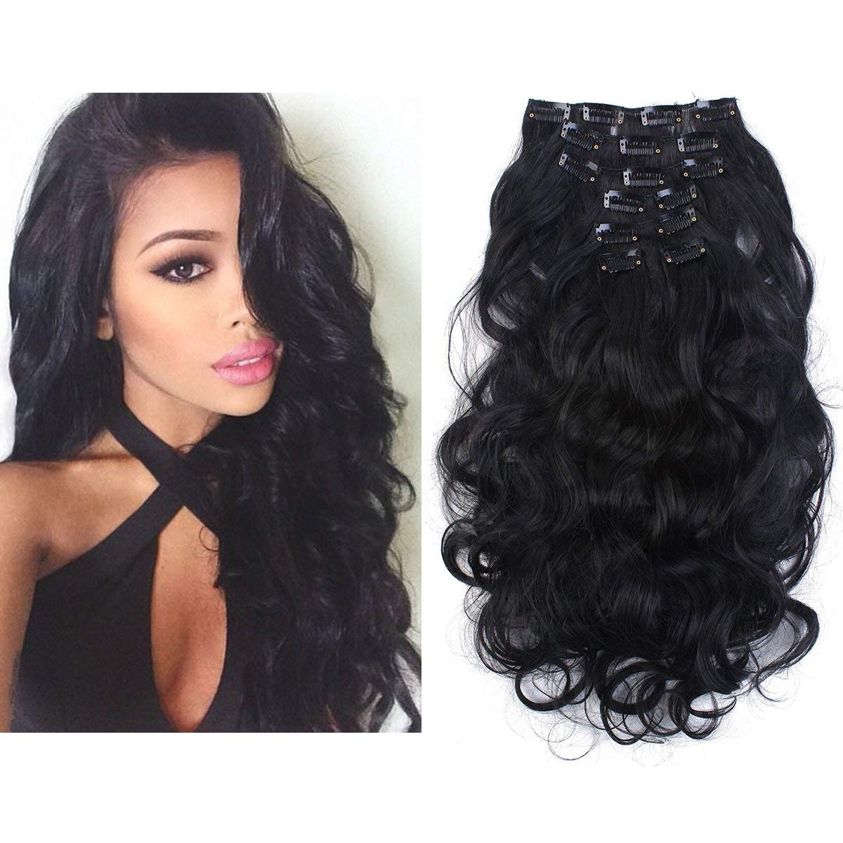 Sarla Extensiones De Cabello Veganas 7 piezas NEGRAS ONDULADAS 7O1B EnModoShopping