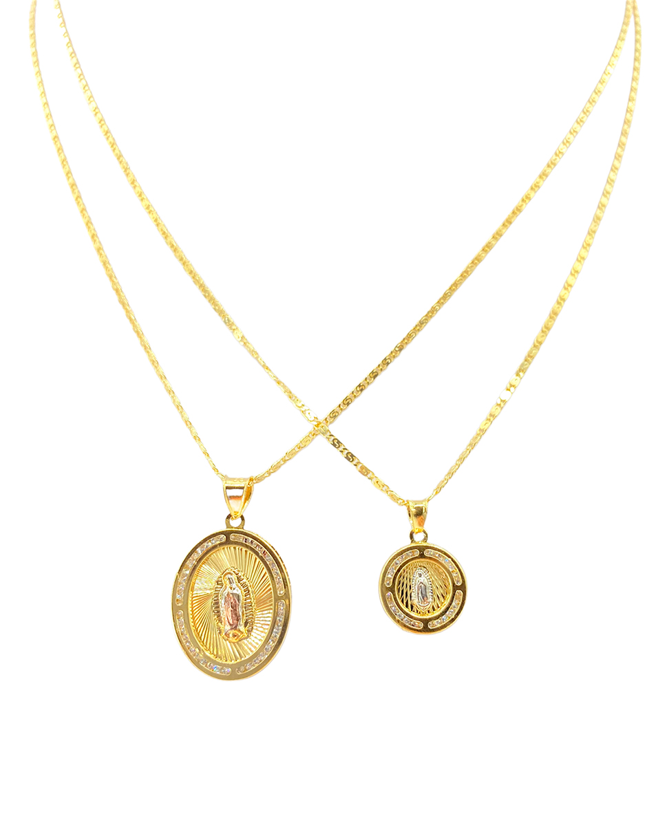 Duo de medallas de la Virgen de la Guadalupe, con zirconias blancas alrrededor y bonita cadena en chapa de oro