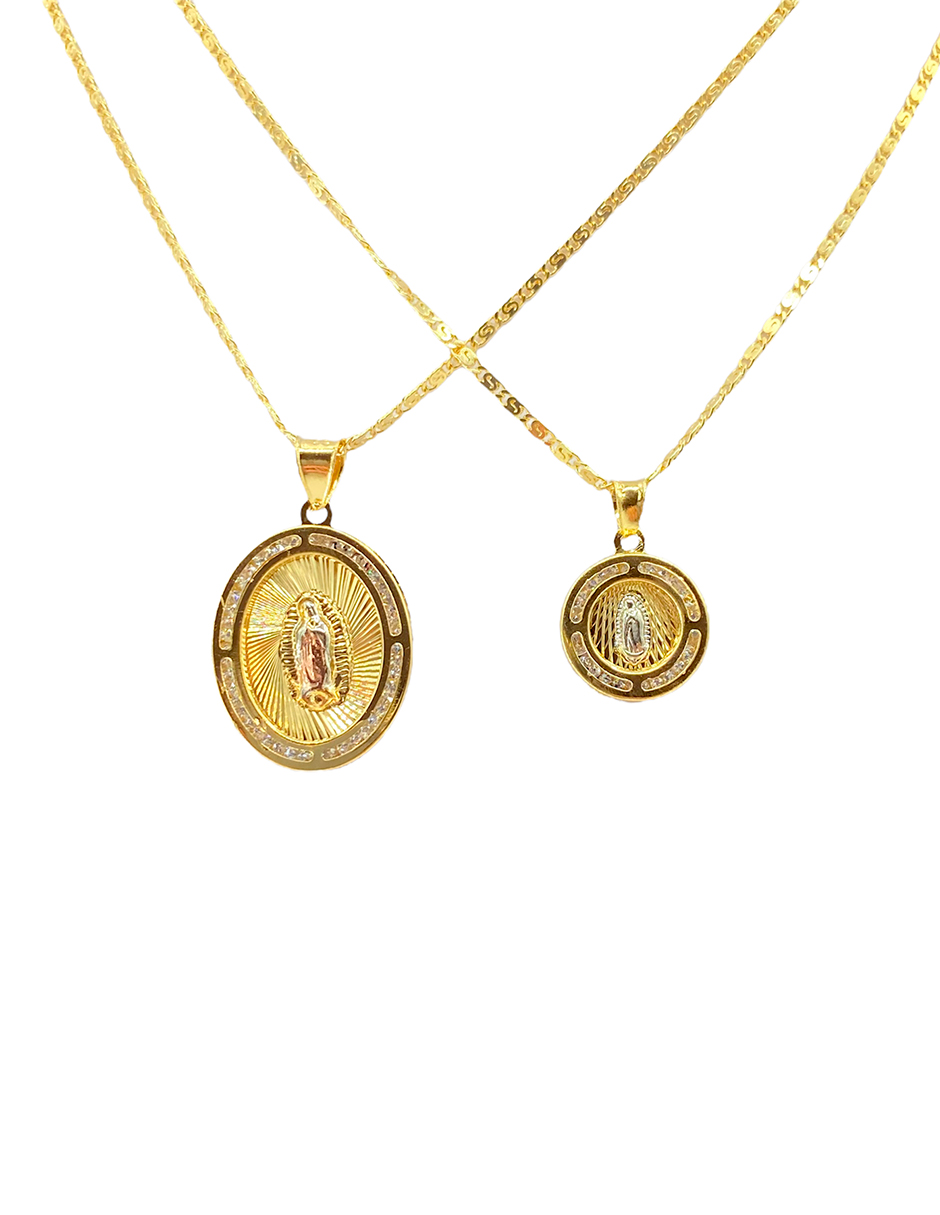 Duo de medallas de la Virgen de la Guadalupe, con zirconias blancas alrrededor y bonita cadena en chapa de oro