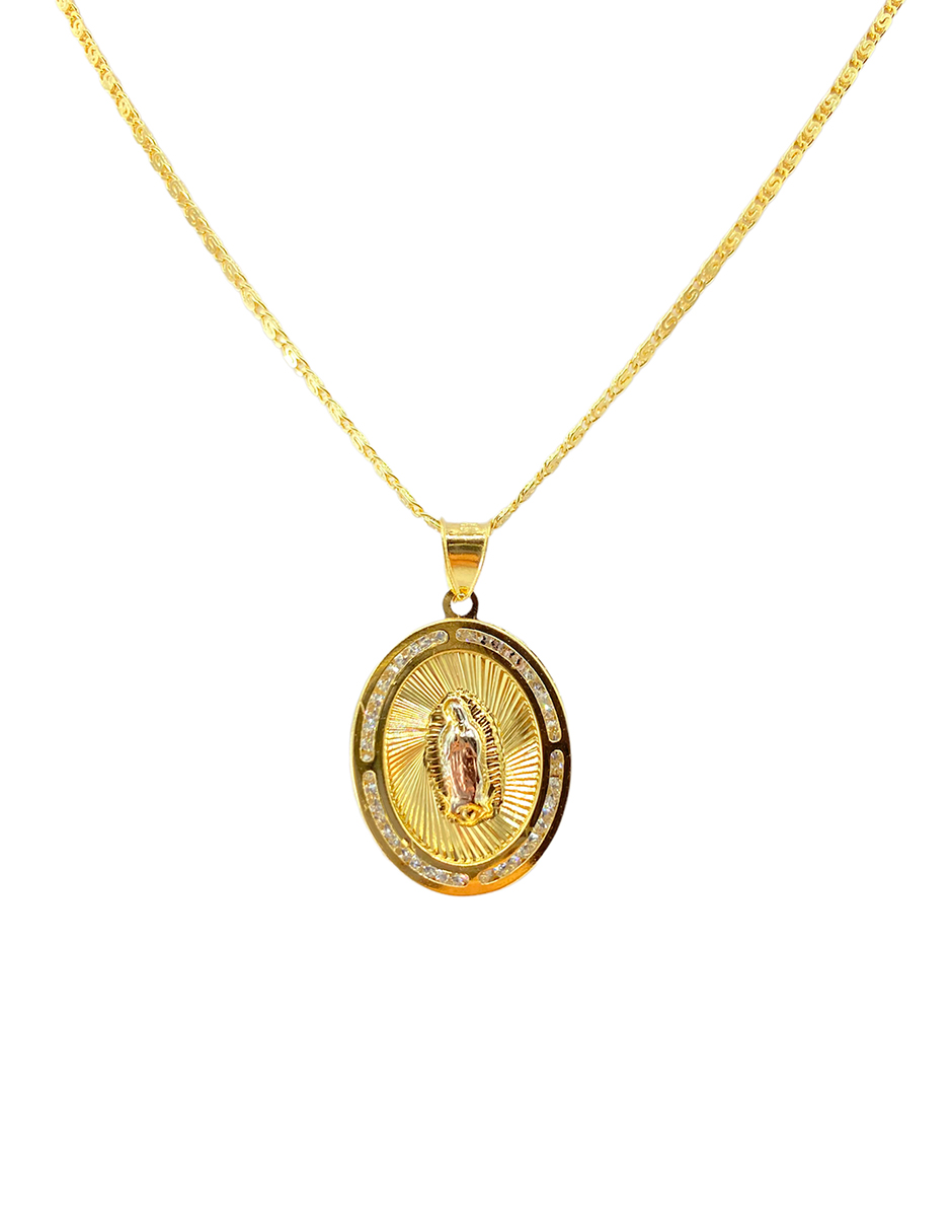 Duo de medallas de la Virgen de la Guadalupe, con zirconias blancas alrrededor y bonita cadena en chapa de oro