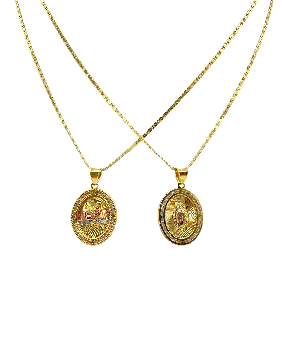 Duo de medallas de la Virgen de la Guadalupe y Divino niño Jesus, con zirconias blancas alrrededor y bonita cadena en chapa de oro