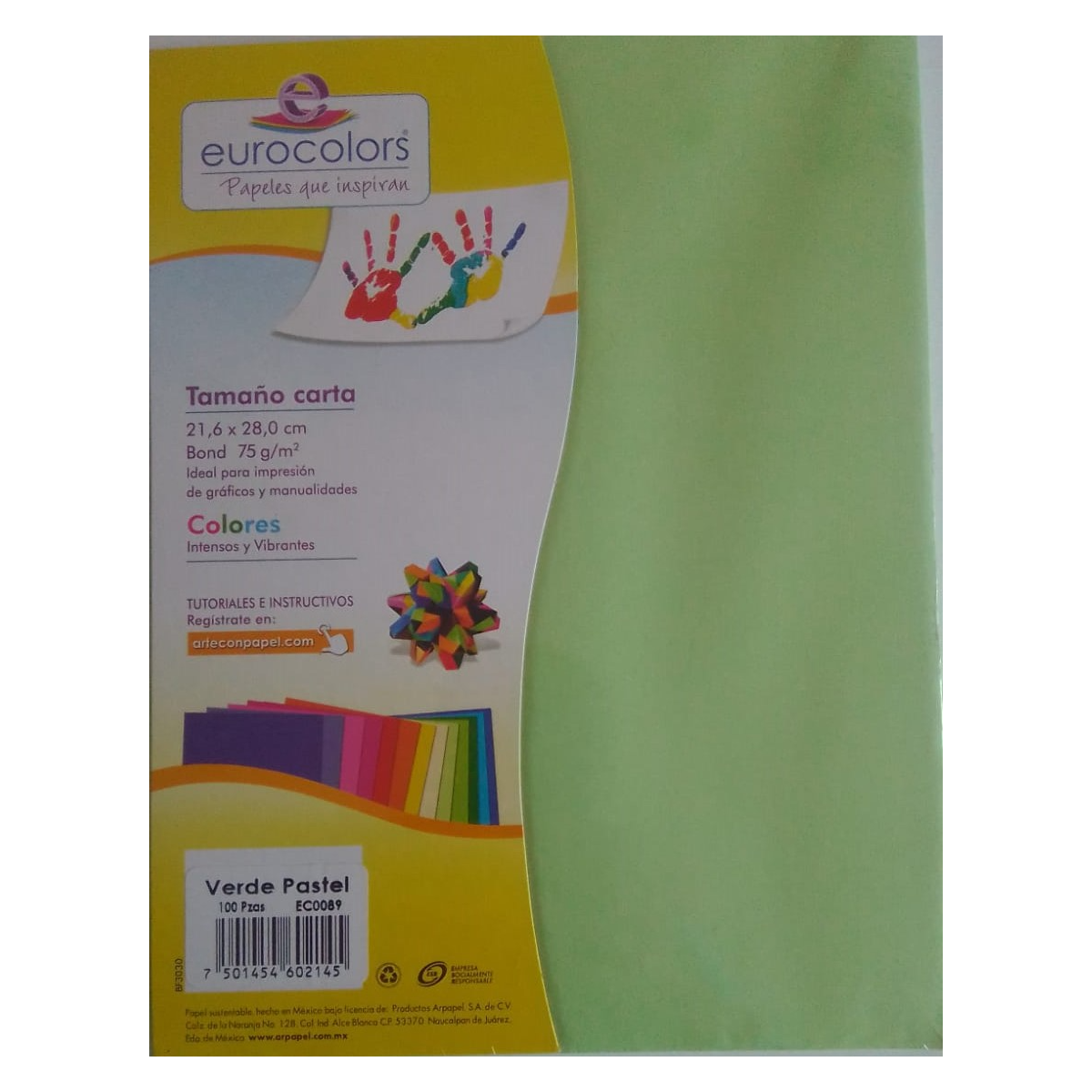 100 Hojas "Eurocolors" tono: Verde pastel, tamaño carta, 75g/m2