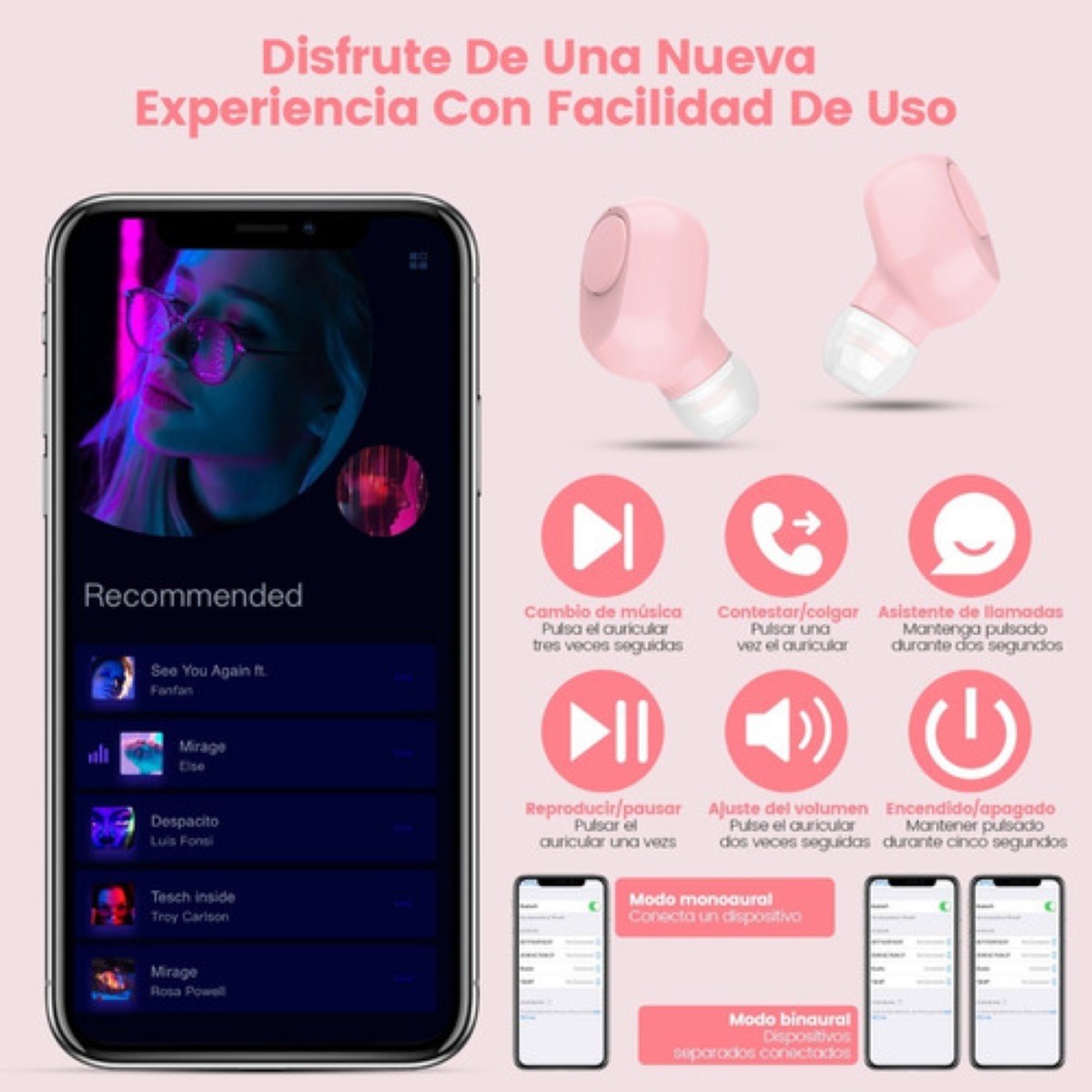 Audífonos Rosas Inalámbicos Bluetooth Impermeables Con Pantalla
