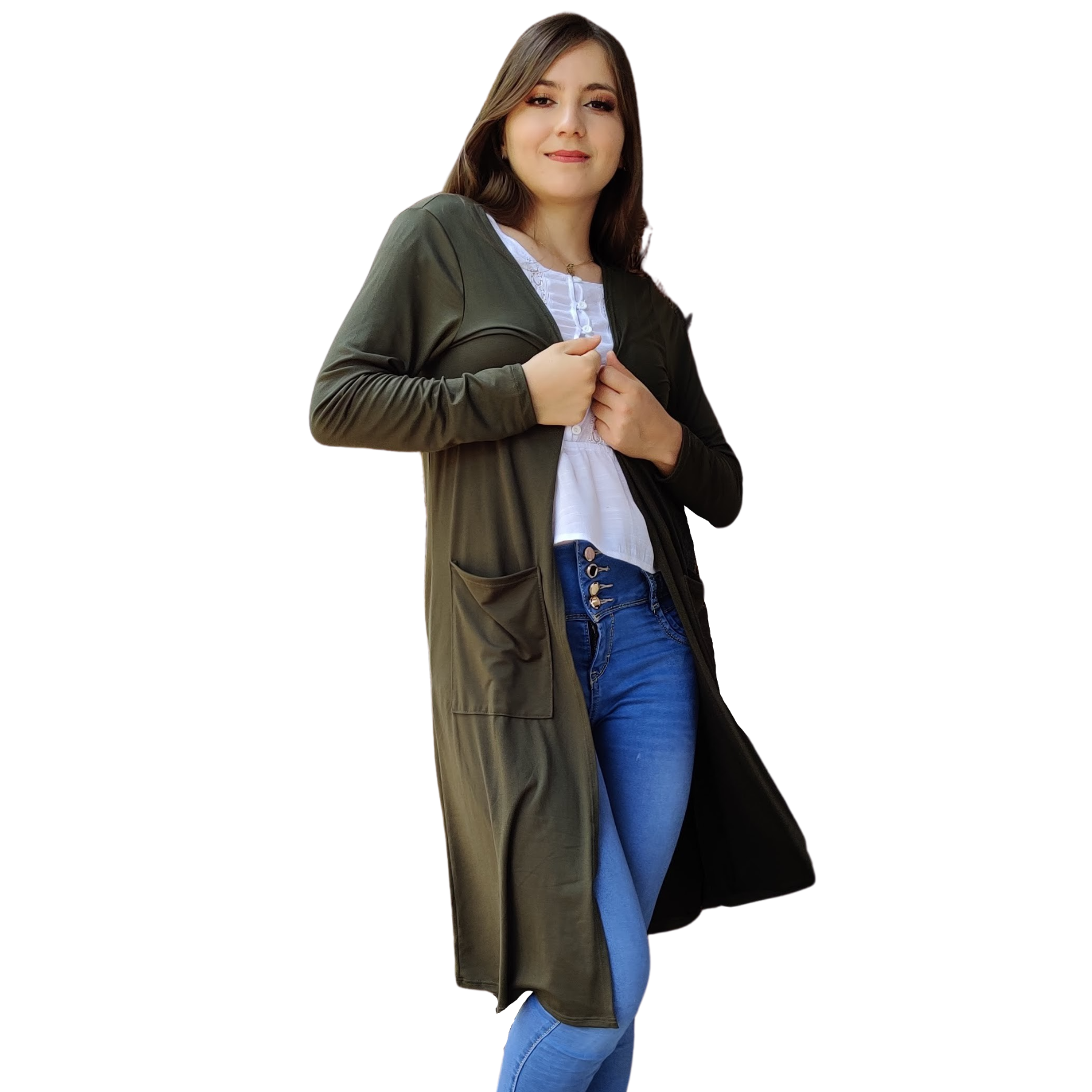 Ensamble Bogotá Cardigan abierto bolsas largo basico kimono curvy