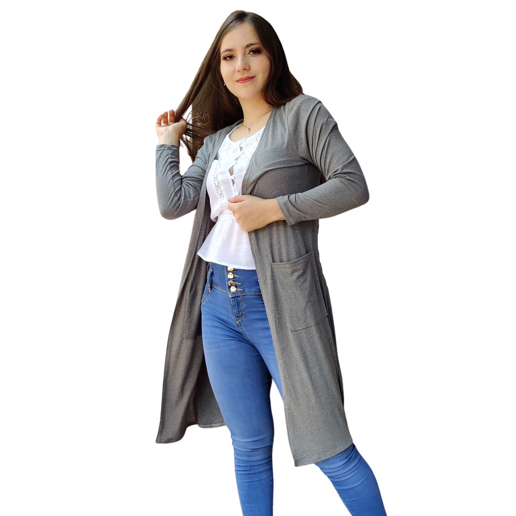 Ensamble Bogotá Cardigan abierto bolsas largo basico kimono curvy