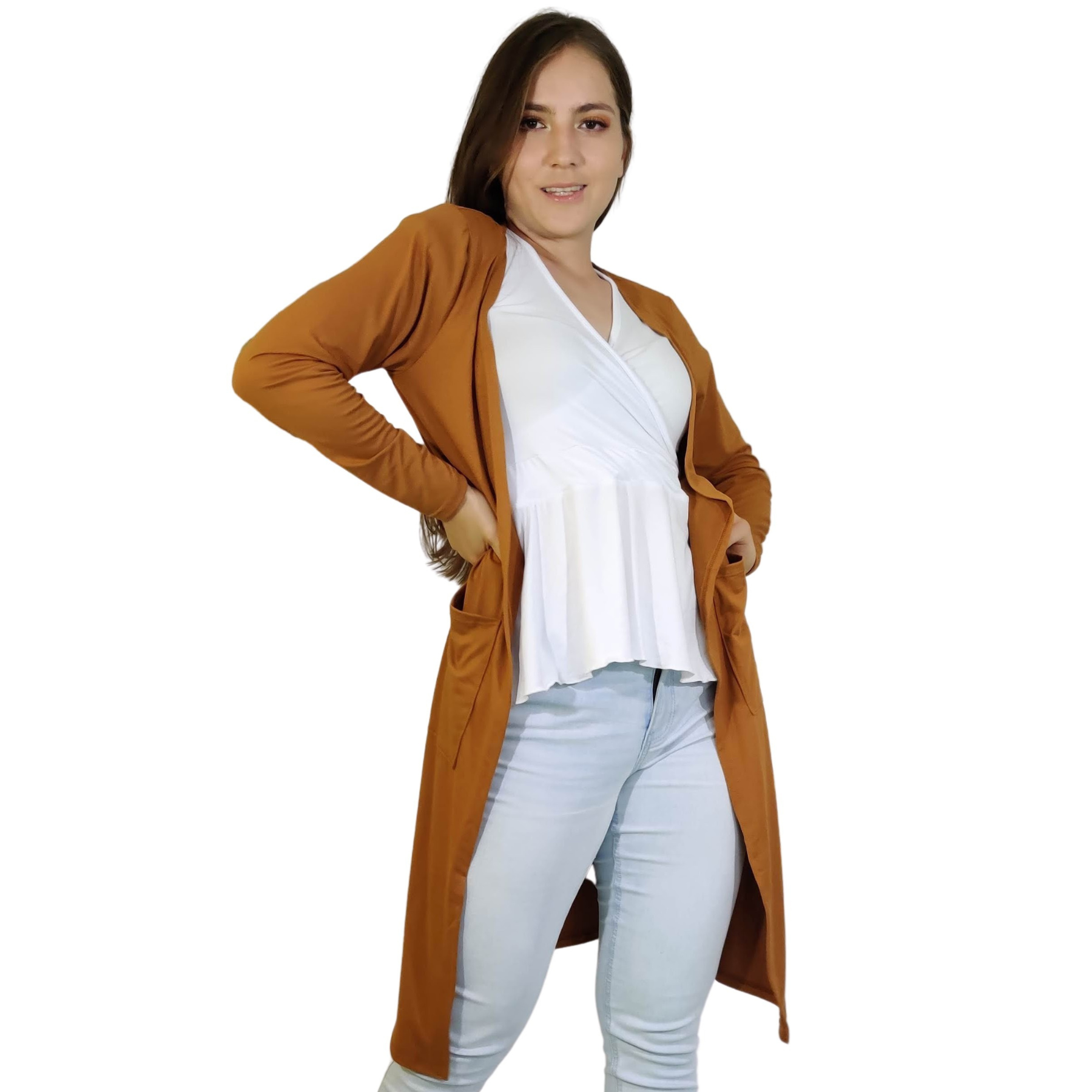 Ensamble Bogotá Cardigan abierto bolsas largo basico kimono curvy