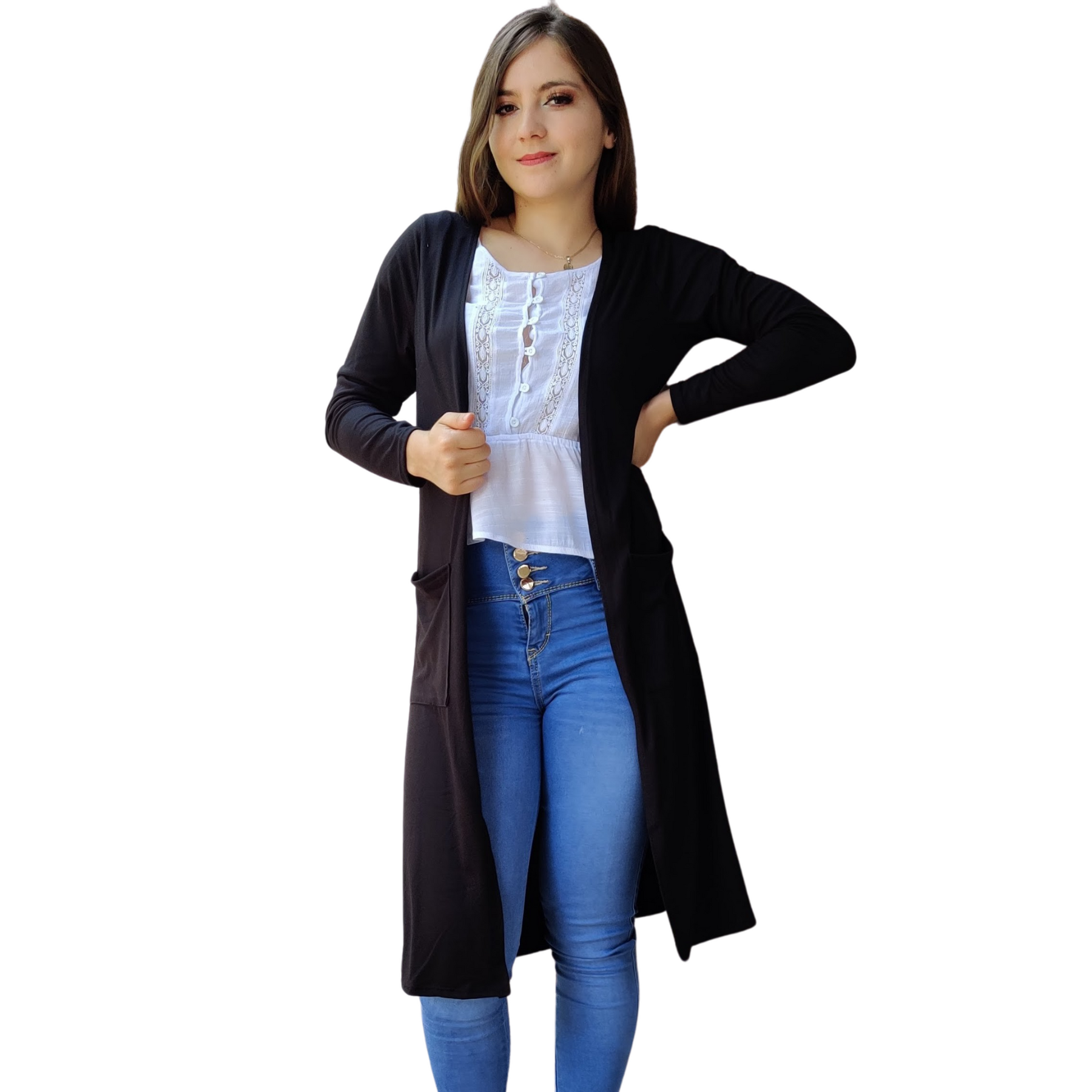 Ensamble Bogotá Cardigan abierto bolsas largo basico kimono curvy