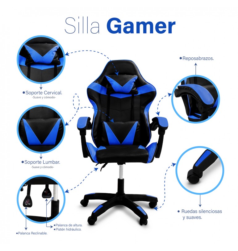 Silla Gamer ergonómica reclinable azul con cojín lumbar hasta 150 Kg.