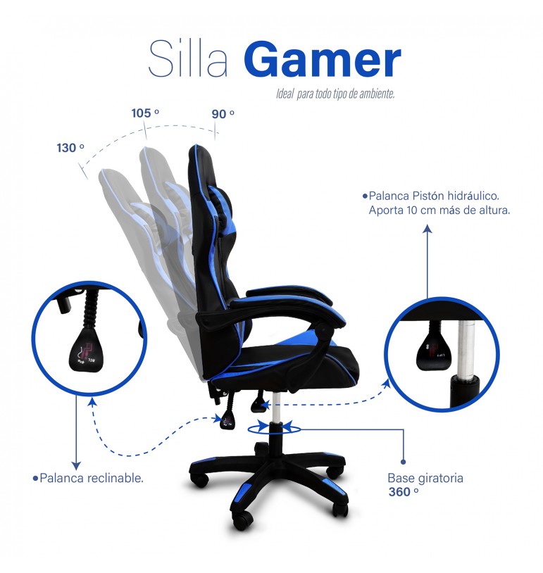 Silla Gamer ergonómica reclinable azul con cojín lumbar hasta 150 Kg.