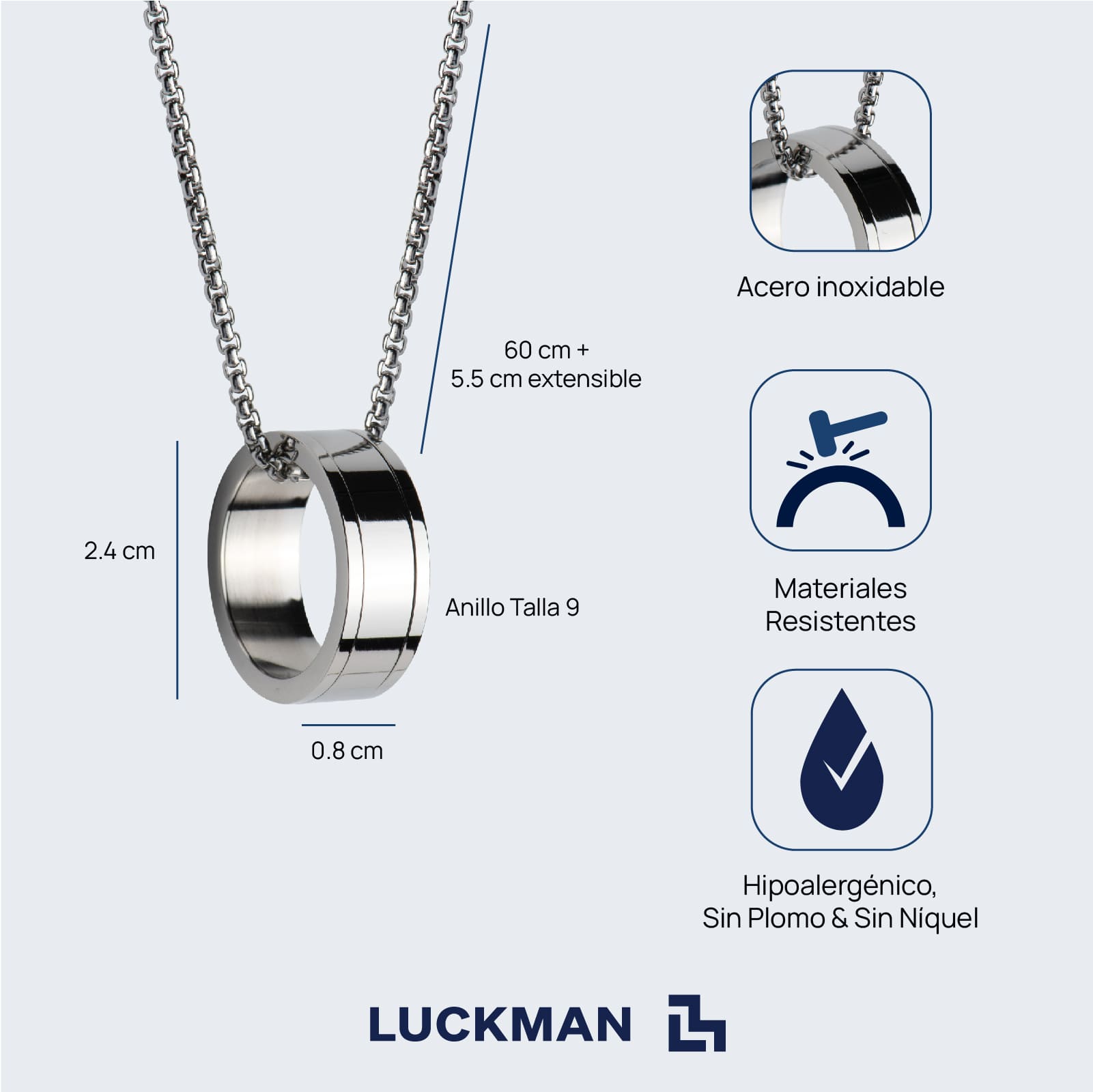LUCKMAN Collar Hombre con Anillo , Cadena con Dije, Acero Inoxidable Color Plata - Modelo Henry