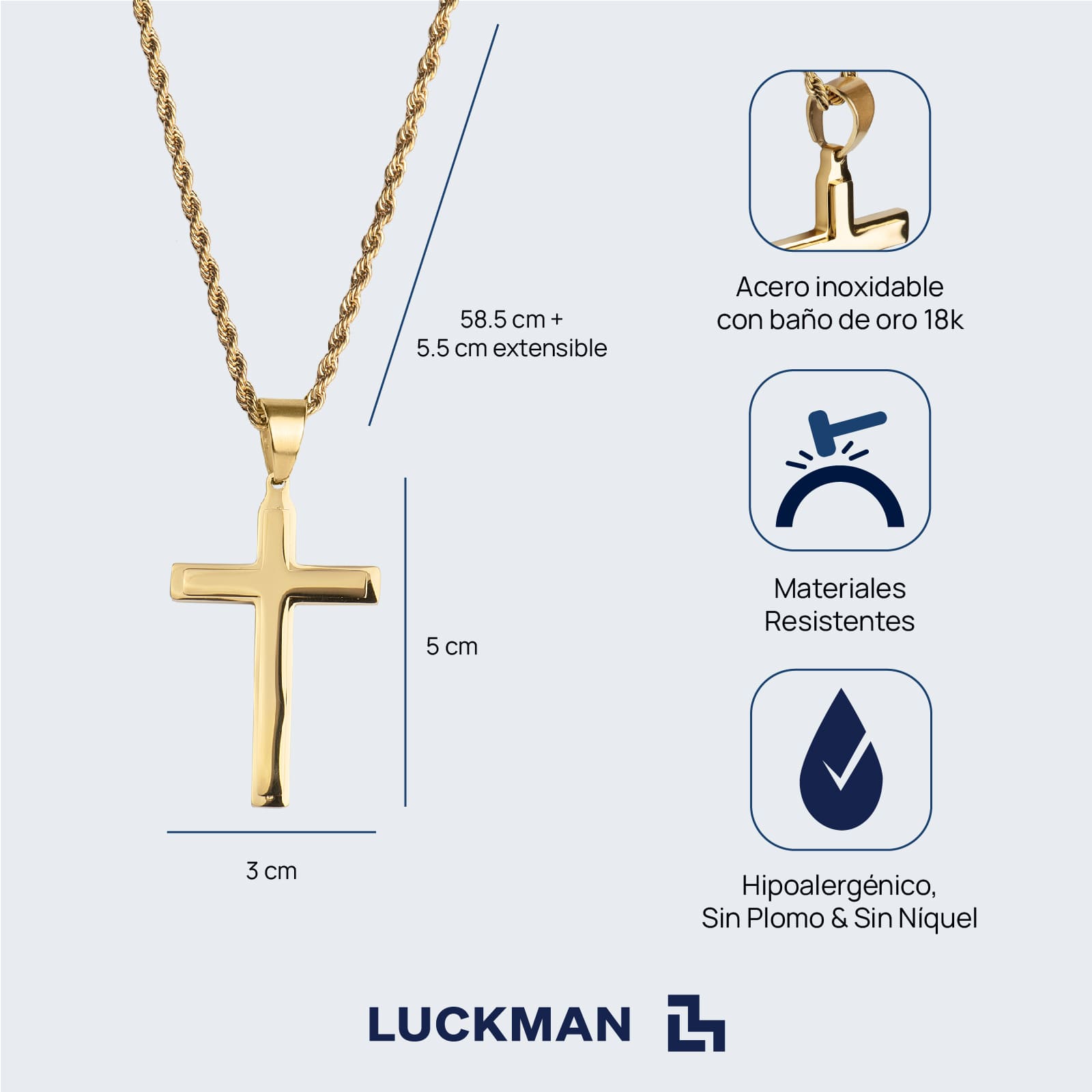 LUCKMAN Collar Hombre de Cruz  , Cadena con Dije, Acero Inoxidable con Baño de Oro 18k - Modelo Ethan