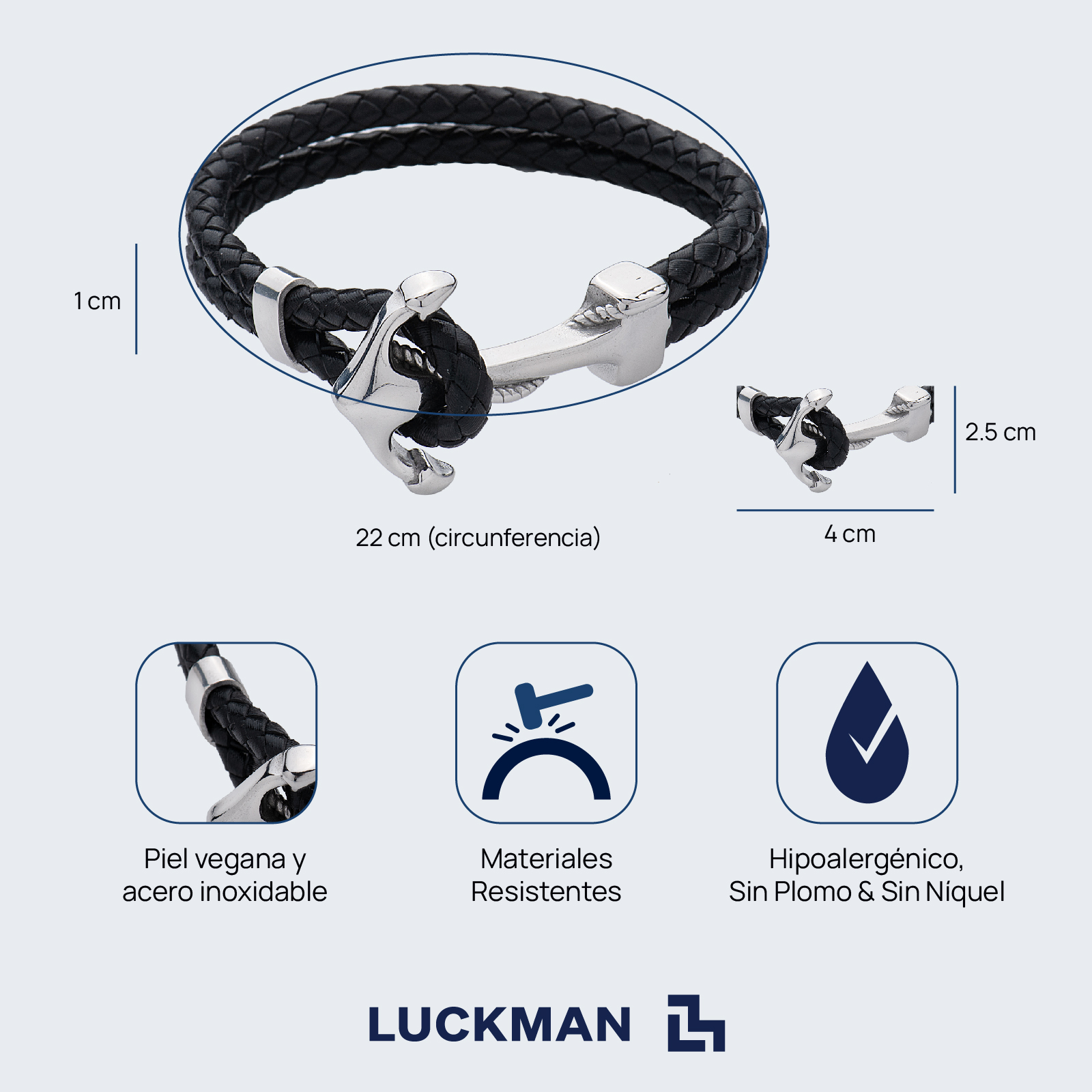 LUCKMAN Brazalete Hombre de Ancla , Pulsera de Acero Inoxidable Color Plata y Cuero Piel Vegana - Modelo Ancor