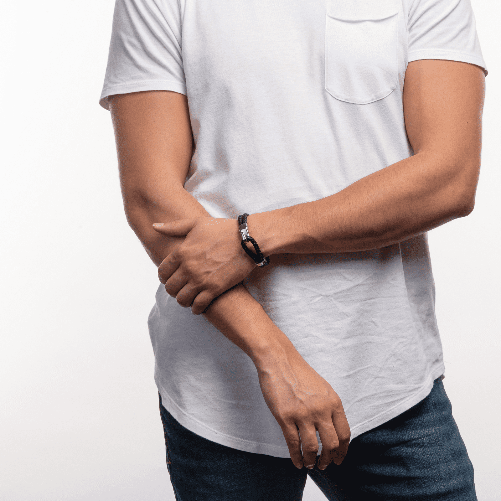 LUCKMAN Pulsera Hombre Original , Brazalete de Cuero Piel Vegana y Acero Inoxidable Color Plata - Modelo Quentin