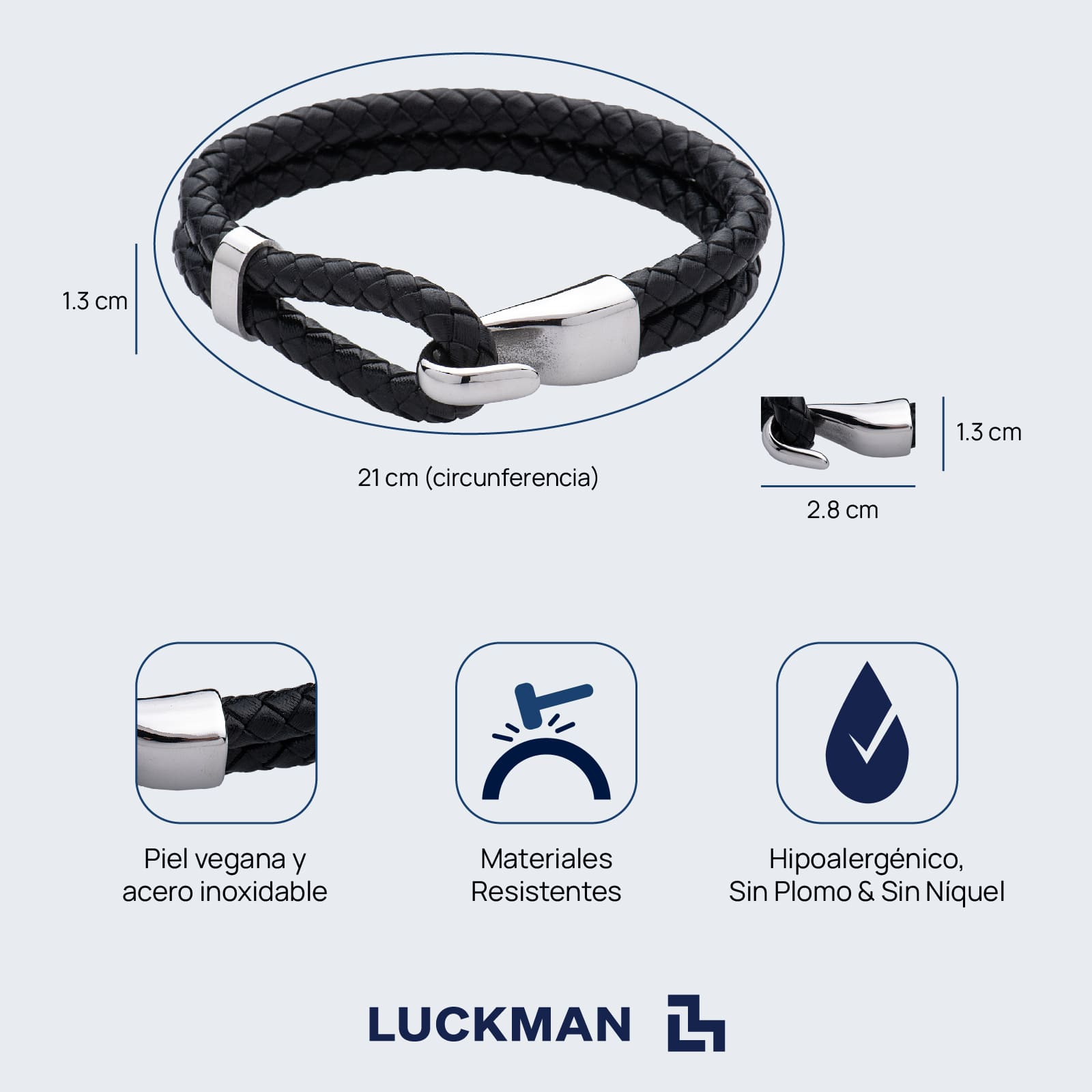 LUCKMAN Pulsera Hombre Original , Brazalete de Cuero Piel Vegana y Acero Inoxidable Color Plata - Modelo Quentin