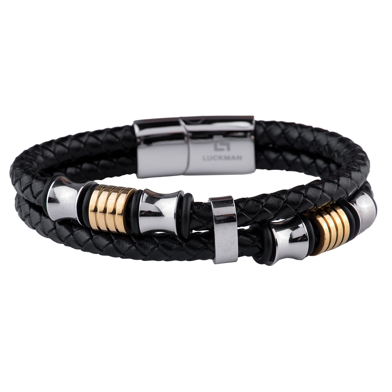 LUCKMAN Pulsera Hombre Acero Inoxidable con Baño de Oro 18k y Color Plata , Brazalete de Cuero Piel Vegana y Broche Magnético - Modelo Nolan