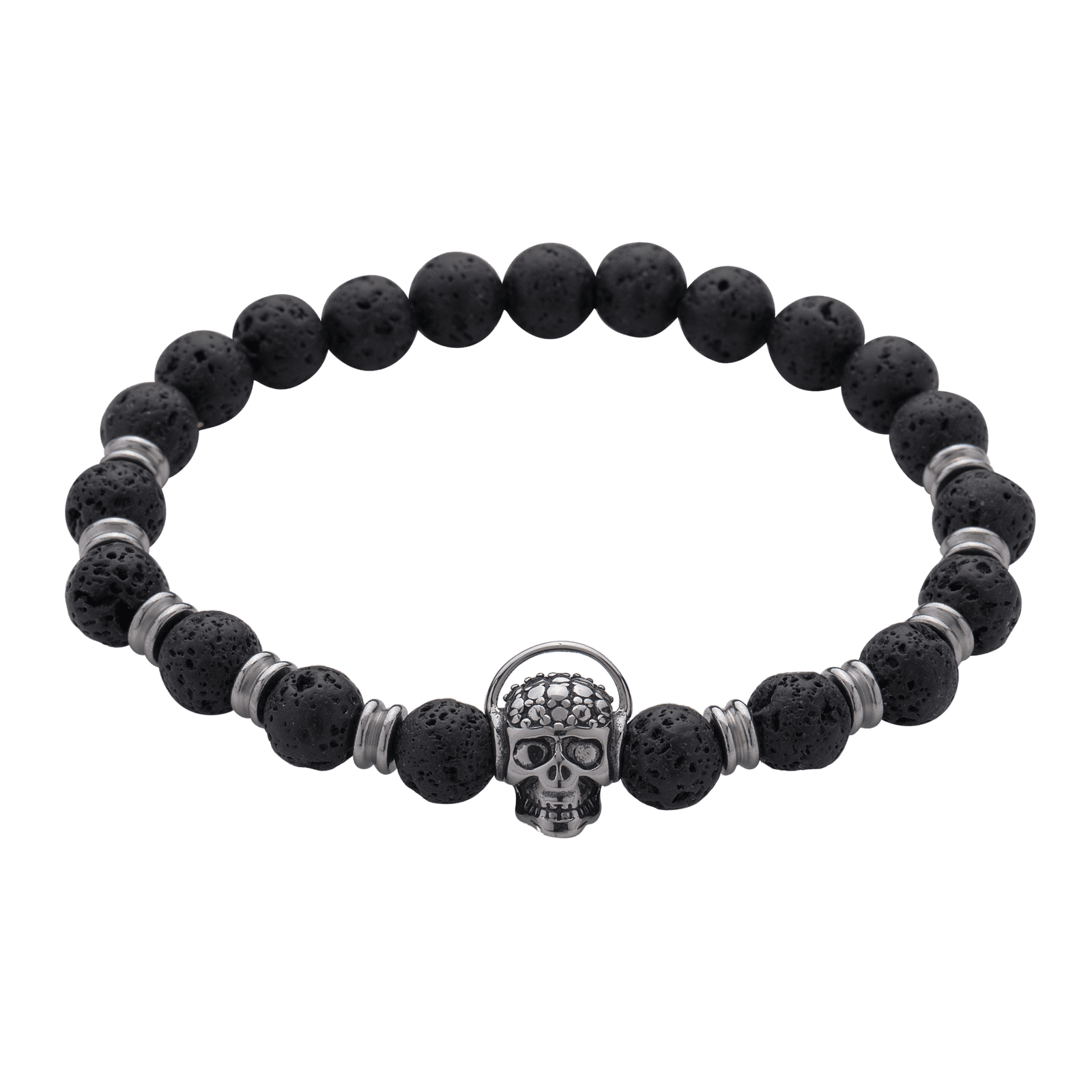 LUCKMAN Pulsera Hombre de Piedra Volcánica Negra con Calavera de Acero Inoxidable Color Plata , estilo Brazalete - Modelo Parker