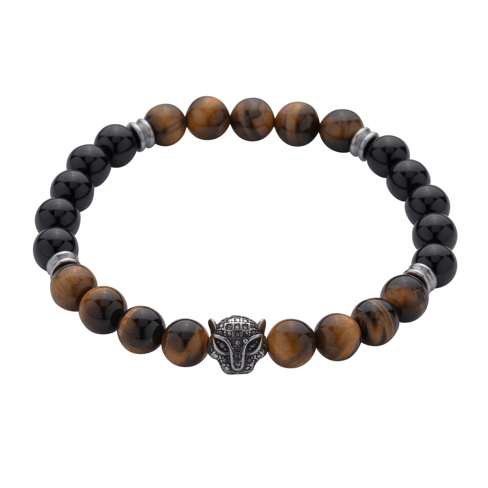 LUCKMAN Pulsera Hombre Piedras Semipreciosas Ojo de Tigre y Obsidiana Negra , Brazalete Jaguar de Acero Inoxidable - Modelo Hunter