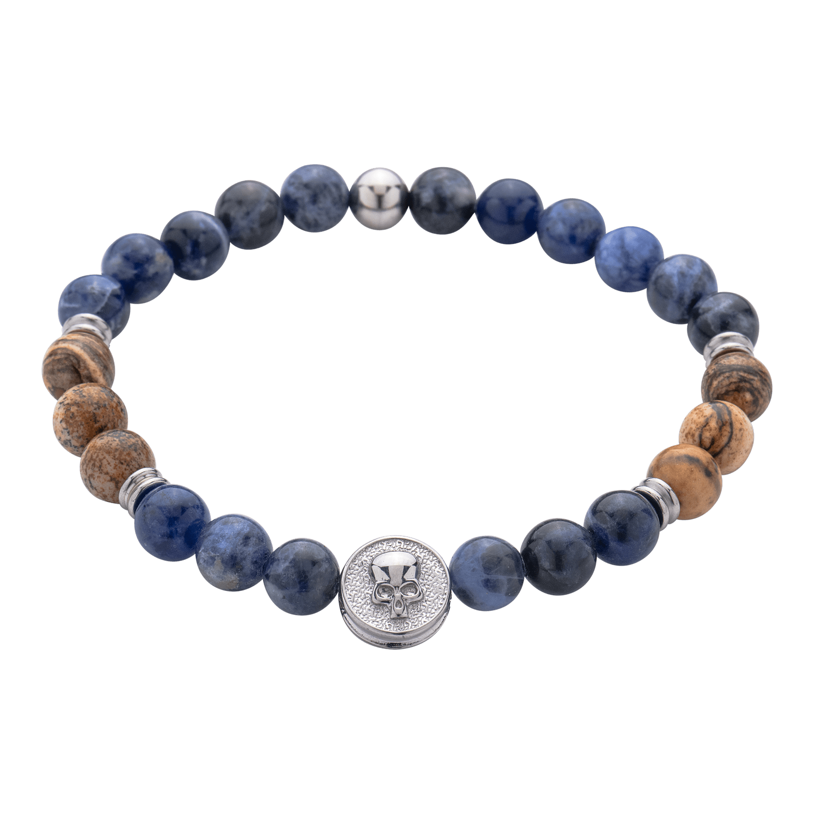 LUCKMAN Pulsera Hombre Piedras Semipreciosas Lapislázuli y Jaspe Marrón , Brazalete Calavera de Acero Inoxidable - Modelo Logan