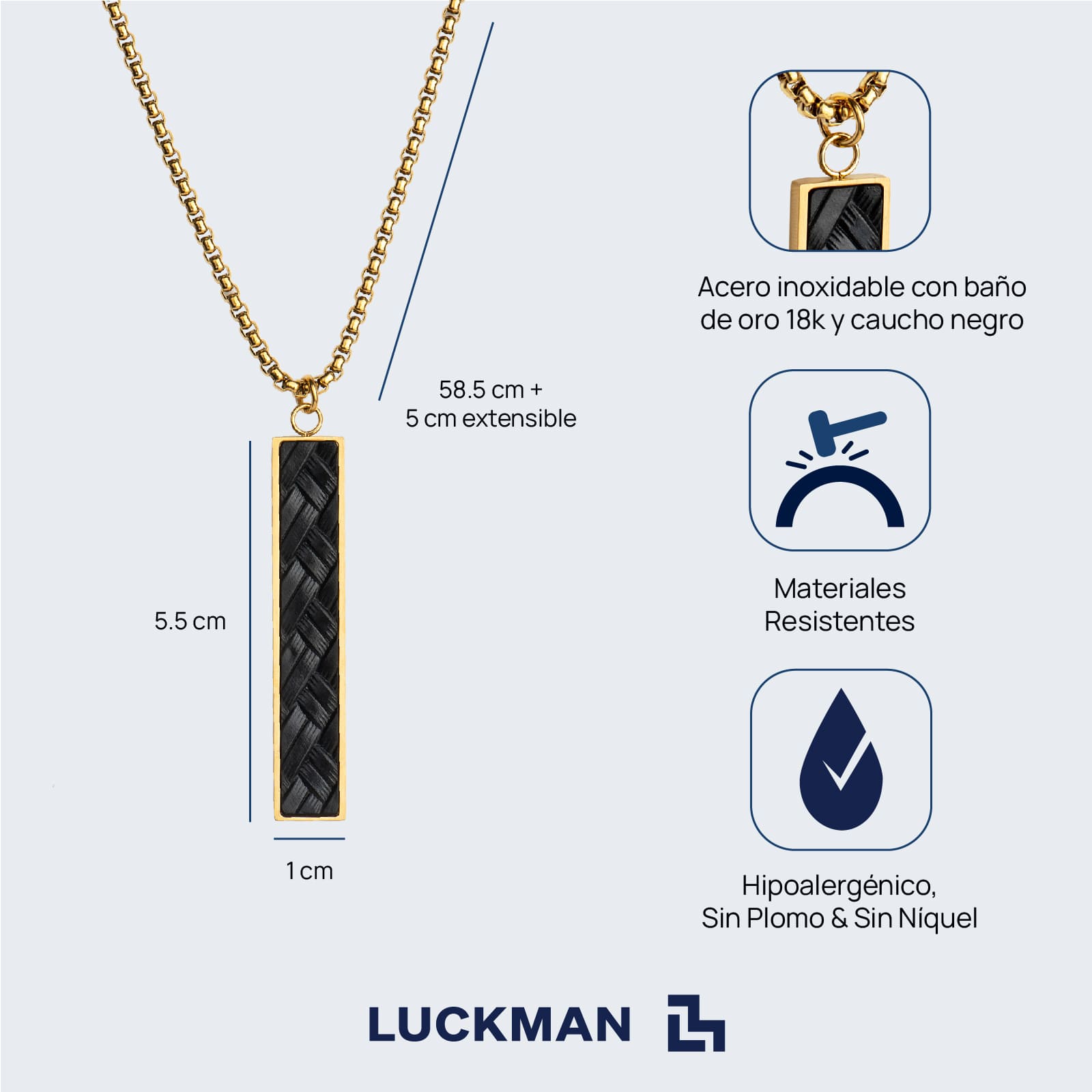 LUCKMAN Collar para Hombre Original , Cadena con Dije, Acero Inoxidable con Baño de Oro 18k y Caucho - Modelo Finn