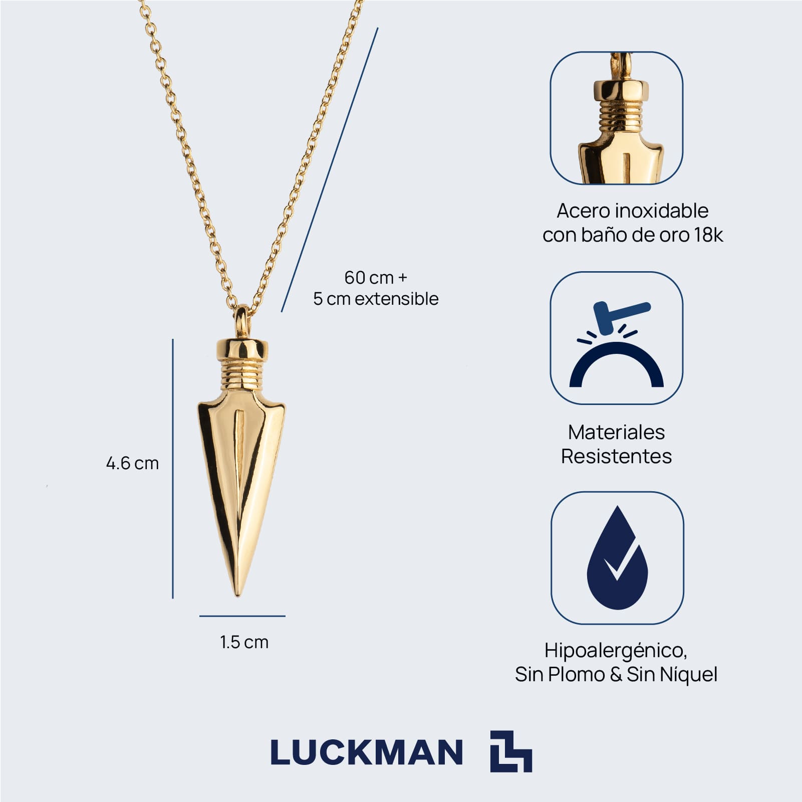 LUCKMAN Collar Hombre de Flecha , Cadena con Dije, Acero Inoxidable con Baño de Oro 18k - Modelo Lance