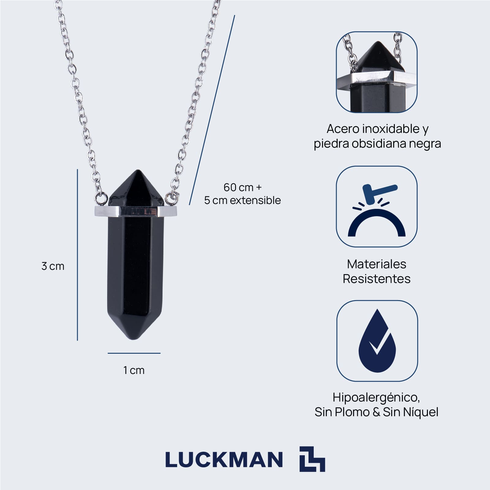 LUCKMAN Collar para Hombre con Piedra Natural , Dije de Obsidiana Negra y Cadena de Acero Inoxidable Plata - Modelo Vince