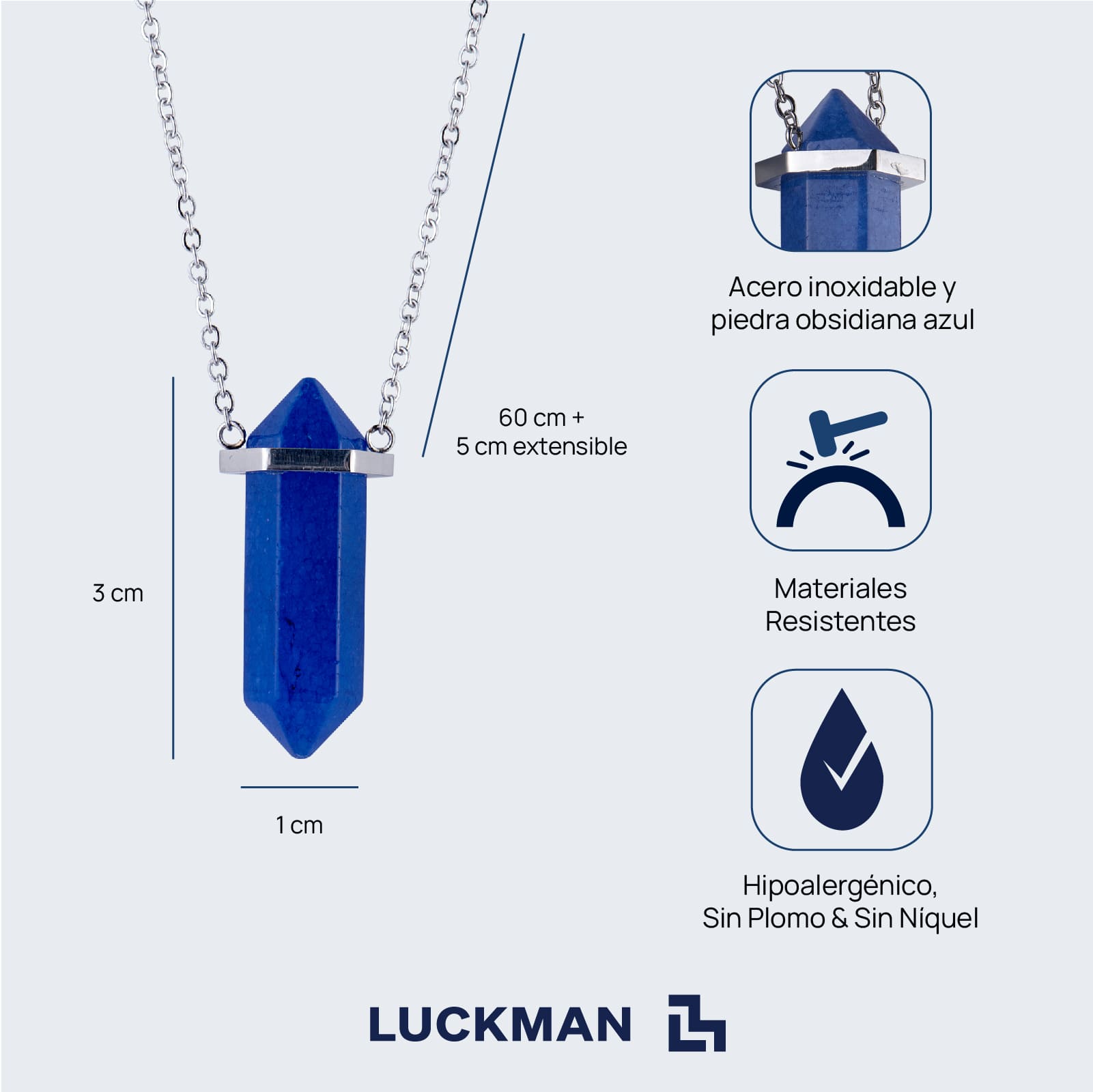 LUCKMAN Collar para Hombre con Piedra Natural , Dije de Obsidiana Azul y Cadena de Acero Inoxidable Plata - Modelo Vince