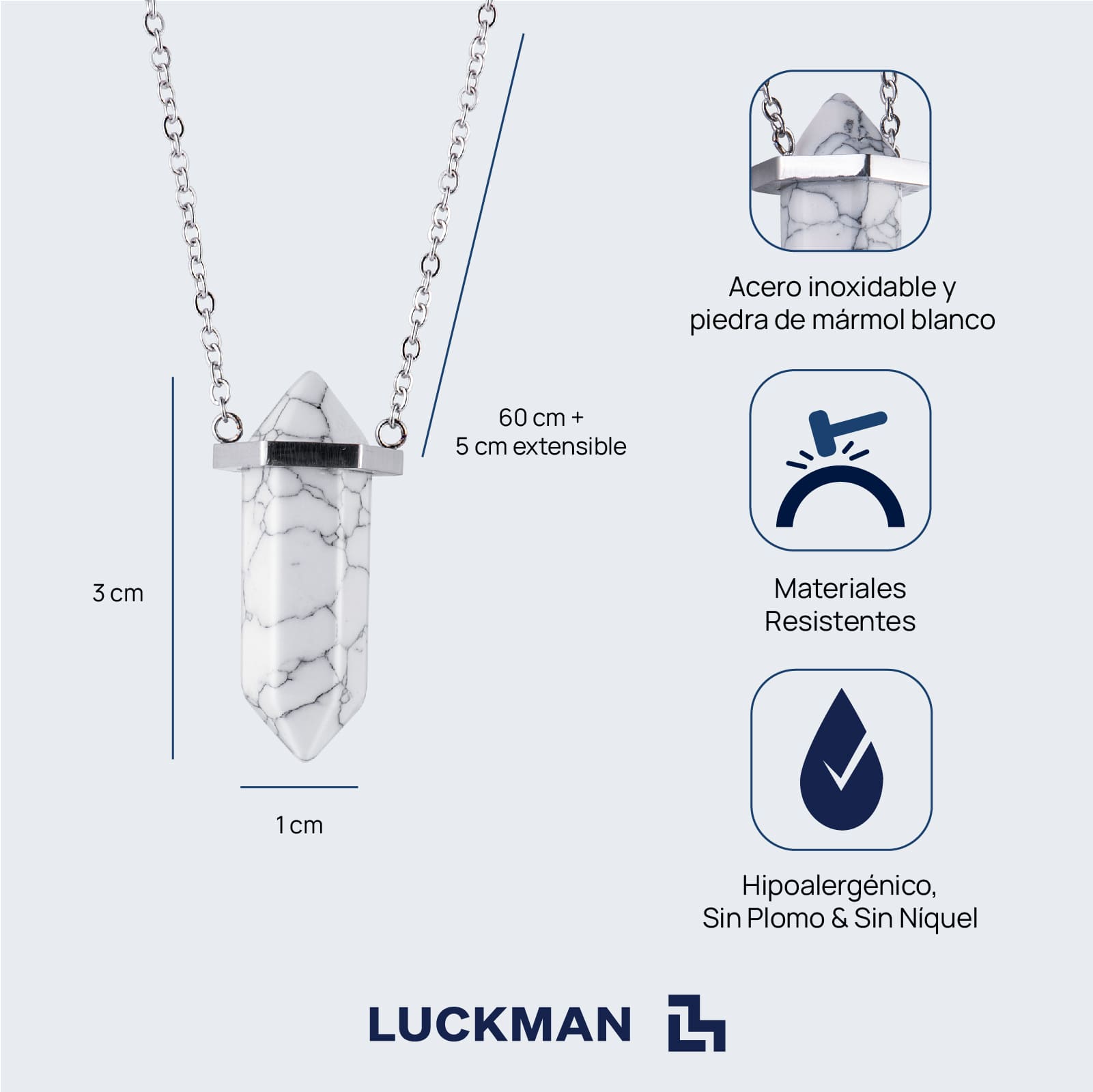 LUCKMAN Collar para Hombre con Piedra Natural , Dije de Mármol Blanco y Cadena de Acero Inoxidable Plata - Modelo Vince